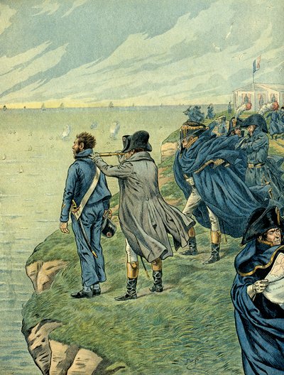 I. Bonaparte Napóleon (1769-1821) 1804 júliusában meglátogatta a boulogne-i tábor arzenálját. Jacques Marie Gaston illusztrációja Onfray de Breville dit JOB (1858-1931). Magángyűjtemény alkotó: pseudonym for Onfray de Breville Jacques Job