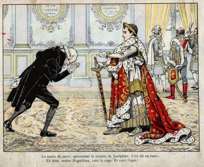 Napóleon és Raguideau közjegyző, 1804-es koronázás reggele – Job (Jacques Onfroy de Breville) litográfiája a „Le Grand Napoleon des Petites Enfants” című filmből, 1893 alkotó: pseudonym for Onfray de Breville Jacques Job