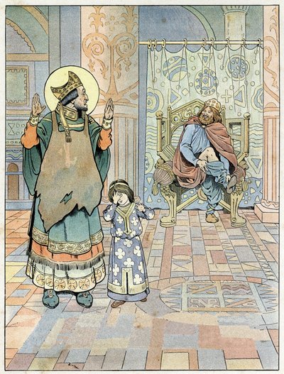 Saint Eloi (v.588-659) felhívja a francia király I. Dagobert (602 vagy 605-638 vagy 639), hogy a nadrágját fejjel lefelé (alsónadrág fejjel lefelé) húzta. in „Franciaország, története G. Montorgueil, imagee by Job”” 1896. Magángyűjtemény. alkotó: pseudonym for Onfray de Breville Jacques Job