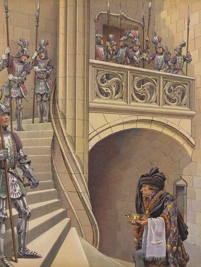 A borbély felmászott a lépcsőn a király kamrája felé, a számos fegyveres őr mellett (színes litho) alkotó: pseudonym for Onfray de Breville Jacques Job