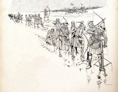 Az eső kiveszi a harcból VI. Philip dit Philippe de Valois (1293-1350) francia király seregének íjászait azáltal, hogy a százéves háború kezdetén, 1346-ban a crecy-i csata során megnedvesítették az íjak köteleit. Illusztráció Jóbról (Jacques alkotó: pseudonym for Onfray de Breville Jacques Job