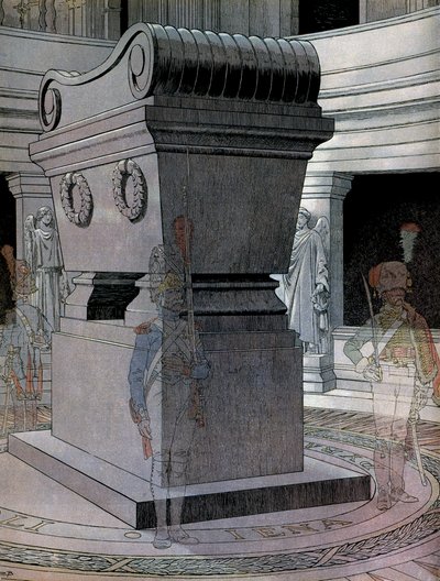 I. Bonaparte Napóleon császár (1769-1821) sírja az Invalidusoknál szellemőrökkel. Georges Montorgueil „” Napóleon” című művében. Illusztráció: Jacques Marie Gaston Onfray de Breville a JOB-ban (1858-1931) alkotó: pseudonym for Onfray de Breville Jacques Job