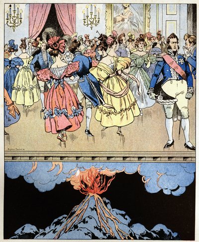 Egy vulkánon táncolunk. Narcisse Achille de Salvandy (1795-1856) gróf szavai a három dicsőséges I. Lajos Fülöp orléans-i hercegének (Louis-Philippe) forradalmát jósolják alkotó: pseudonym for Onfray de Breville Jacques Job
