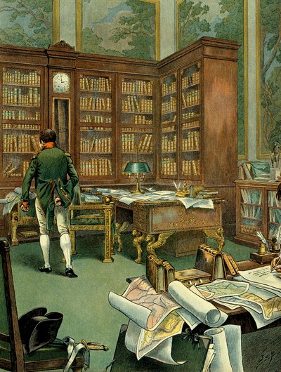 I. Bonaparte Napóleon (1769-1821) munkaszekrénye a Palais des Tuileries első emeletén, míg ő első konzul volt. Íróasztal könyvtárral és fából épített órával. Illusztráció: Jacques Marie Gaston Onfray de Breville a JOB-ban (1858-1931). Private Co alkotó: pseudonym for Onfray de Breville Jacques Job