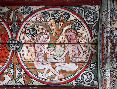 Ádám és Éva az Édenkertben, dekoráció a norvégiai Al Stavkirke-ből (freskó) alkotó: school Scandinavian