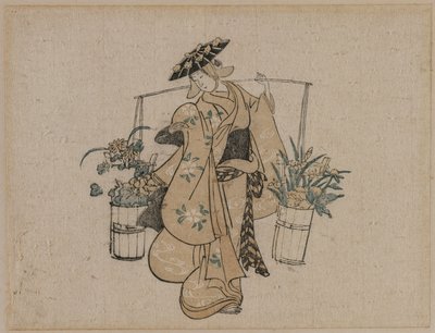 Egy szépség két vödör virágot cipel alkotó: style of Torii Kiyomasu