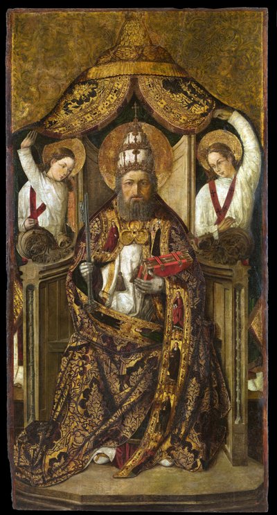 Szent Péter trónoló – Rodrigo de Osona (Orsona) festménye (aktív 1465-1514) – kb. 1470-1480 - Olaj, fa - 214,2x112 - Katalónia Nemzeti Művészeti Múzeum, Barcelona alkotó: the Elder Rodrigo de Osona