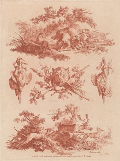 Vadásztrófeák és matricák vaddisznót és szarvast kergető kutyákkal alkotó: the Elder and Jean Baptiste Hüet Gilles Demarteau