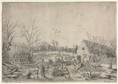 Az 1624. január 10-i nagy árvíz vagy Vianen: A leszakadt gát helyreállítása a Lek folyón, 1624. alkotó: van de Velde Esaias