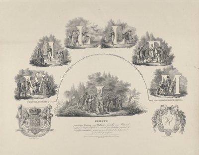 I. Vilmos király erényeinek allegóriája, 1831 I. Vilmos Holland első alkotmányos királya, nemzeti szabadságunk és függetlenségünk visszaállítója (...) (cím a tárgyon) alkotó: van der Meulen