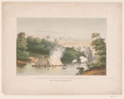 Z.M. Celebes gőzhajó harcban egy kotta-marával. Poeloe Kanamit, 1859. augusztus 6. (cím a tárgyon) alkotó: weduwe Elias Spanier and Zn