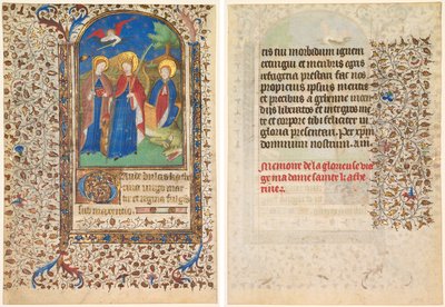 Levél az órák könyvéből: Sts. Geneviève, Alexandriai Katalin és Margaret (recto) és Szöveg (verso) alkotó: workshop of Boucicaut Master