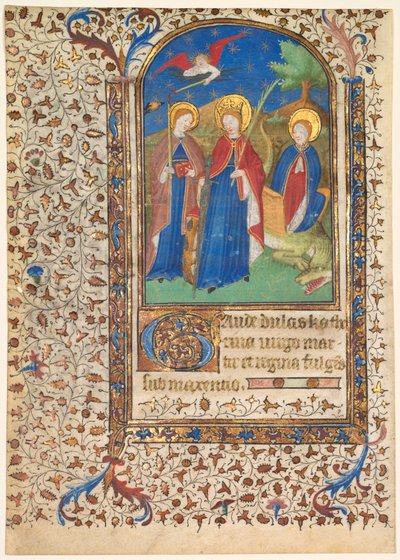 Levél az órák könyvéből: Sts. Geneviève, Alexandriai Katalin és Margaret (recto) alkotó: workshop of Boucicaut Master