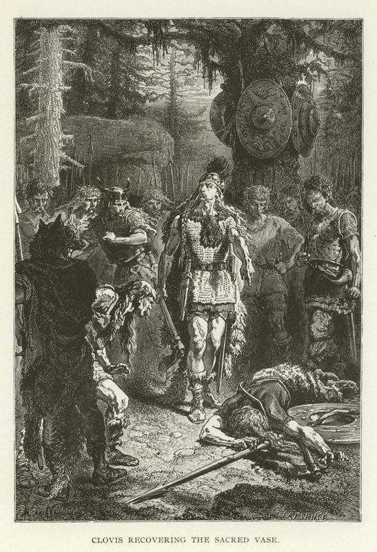 Clovis visszaszerzi a szent vázát (metszet) alkotó: (after) American School