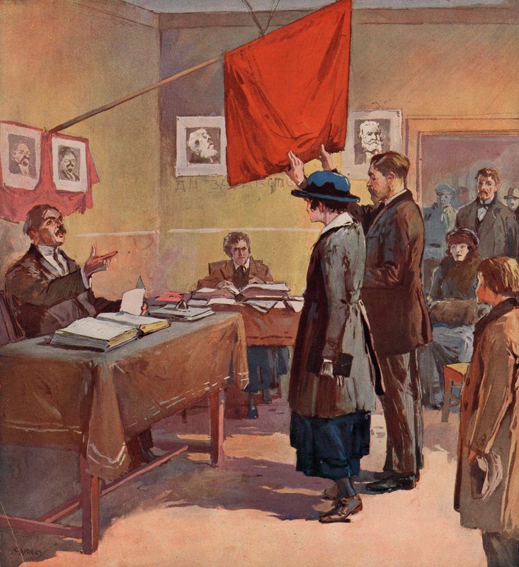 Polgári házasságkötés egy tartományi komisszár szovjet Oroszországban a Vörös Zászló égisze alatt (színes litho) alkotó: (after) Carrey