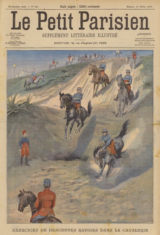 Francia lovasság gyors meredek ereszkedést gyakorló lóháton (színes litho) alkotó: (after) Carrey