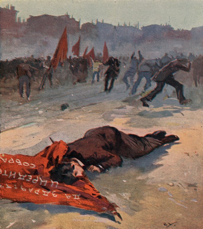 A bolsevik vörös gárda megölte a Szocialista Forradalmi Párt Gorbacsovszkaja nevű aktivistáját egy tüntetés során, Petrográd, Oroszország alkotó: (after) Carrey