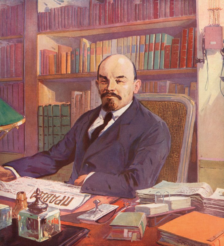 Lenin orosz bolsevik vezető az irodájában a Kremlben, Moszkva, Szovjetunió (színes litho) alkotó: (after) Carrey