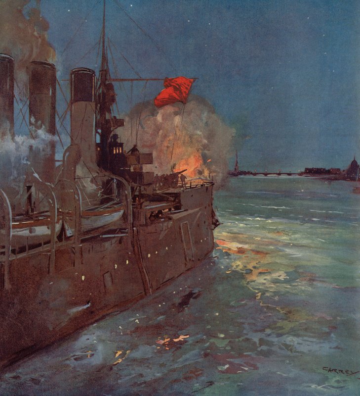 Az orosz Aurora cirkáló, amely a petrográdi Téli Palota megrohanását jelzi, 1917. október 25-én az orosz forradalom (színes litó) alkotó: (after) Carrey