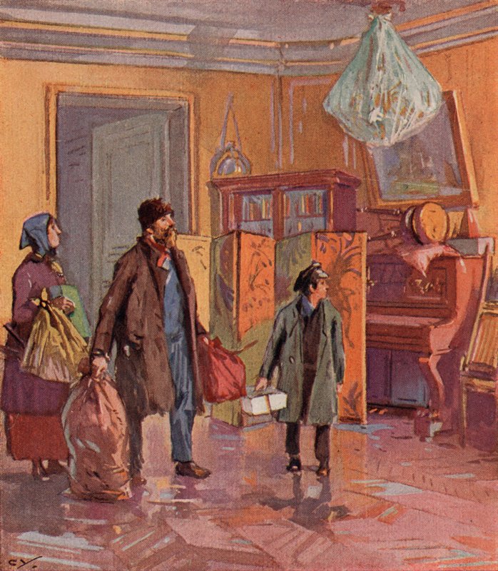Munkásosztálybeli orosz család birtokba veszi egy polgári lakást a forradalom után (színes litho) alkotó: (after) Carrey