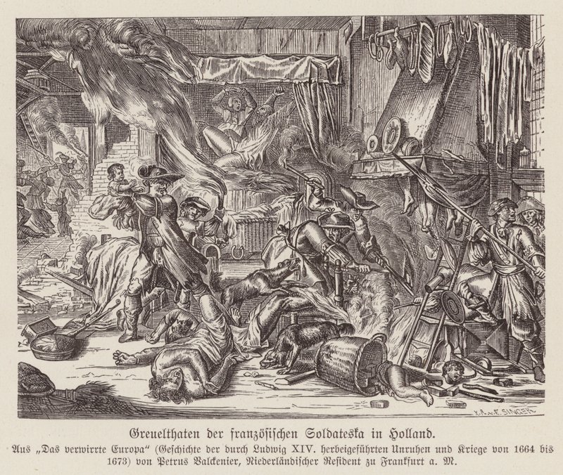 A francia csapatok által Hollandiában a francia-holland háborúban elkövetett kegyetlenkedések (metszet) alkotó: (after) Dutch School