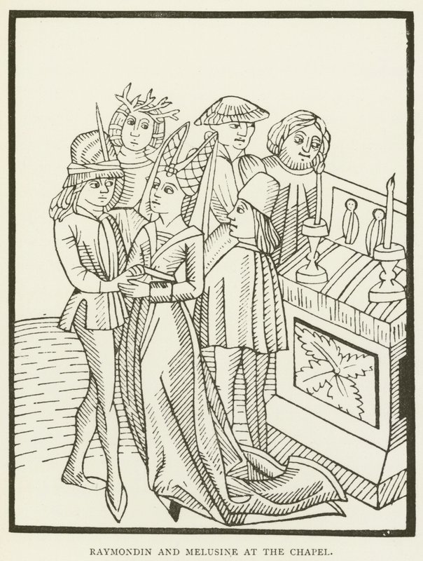 Raymondin és Melusine a kápolnánál (metszet) alkotó: (after) English School