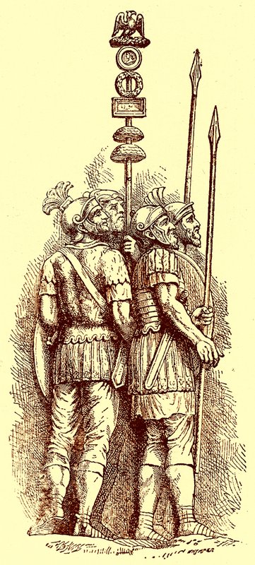 Római katonák, H. O. Arnold-Forster „Anglia története” című illusztrációja, 1897-ben (digitálisan javított kép) alkotó: (after) English School