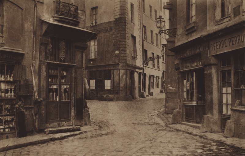 A rue Fromentel, rue Saint-Hilaire, rue Jean-de-Beauvais és a Charretiere zsákutca sarka 1866-ban (f/w fotó) alkotó: (after) French Photographer