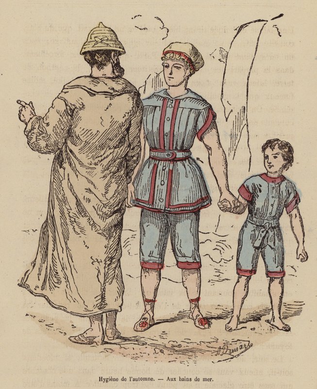 Család a tengerparton ősszel (színes metszet) alkotó: (after) French School