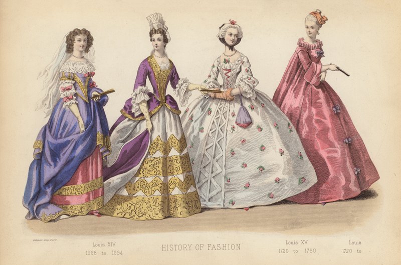 Divat Franciaországban: Lajos 1668-tól 1694-ig; XV. Lajos 1720-tól 1760-ig; Lajos 1720-tól (színes metszet) alkotó: (after) French School