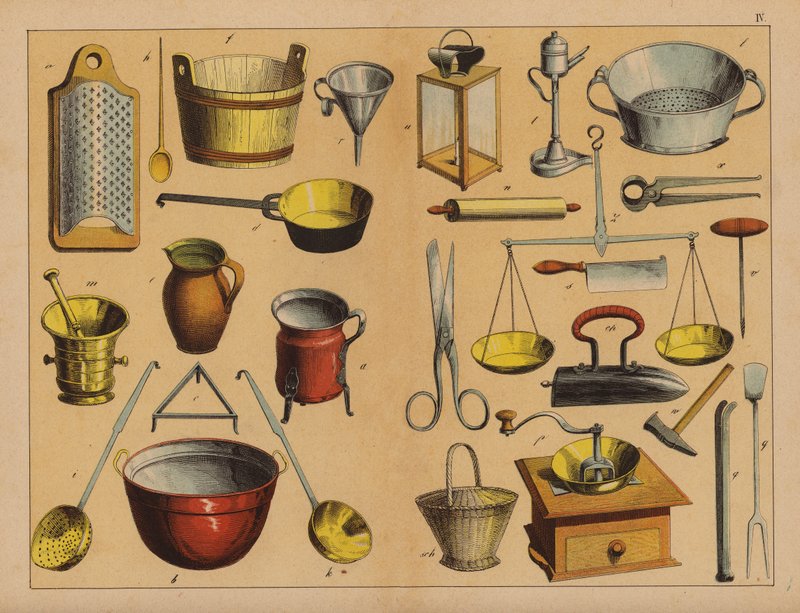 Konyhai eszközök és szerszámok (színes litográfia) alkotó: (after) German School