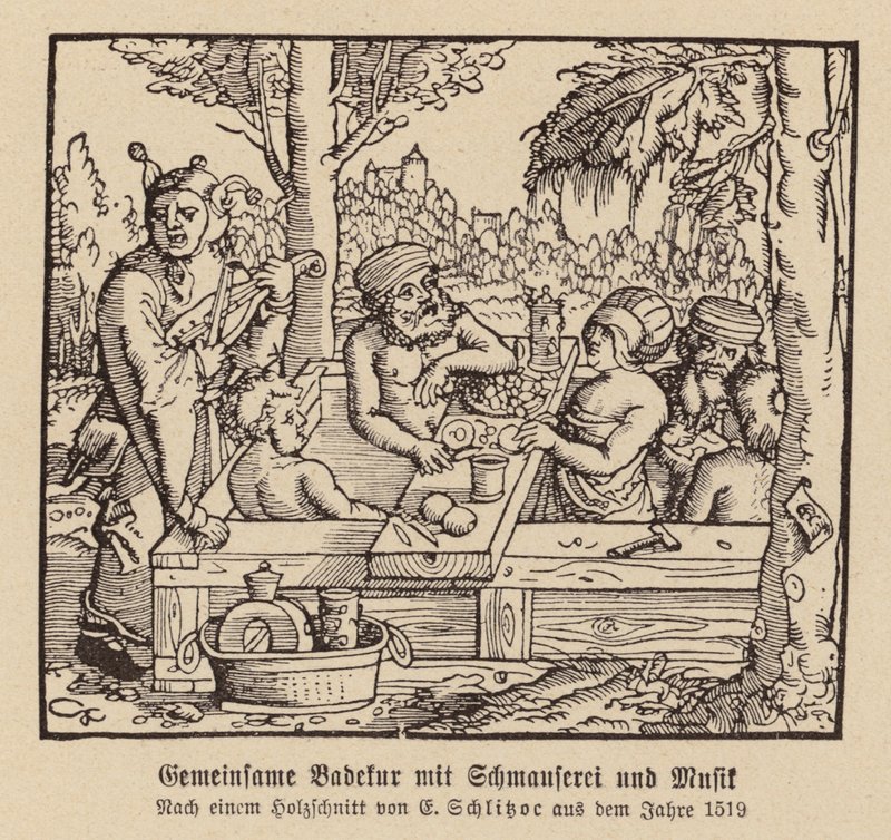 Vegyes fürdőzés lakomával és zenével (fametszet) alkotó: (after) German School