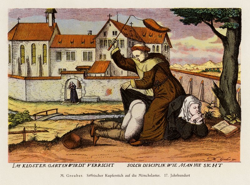 Szerzetes fegyelmez egy apácát a kolostor kertjében (színes litográfia) alkotó: (after) German School