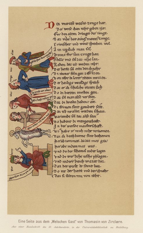 Oldal Thomasin von Zirclaere Der Waelsche Gast című művéből (színes litográfia) alkotó: (after) German School