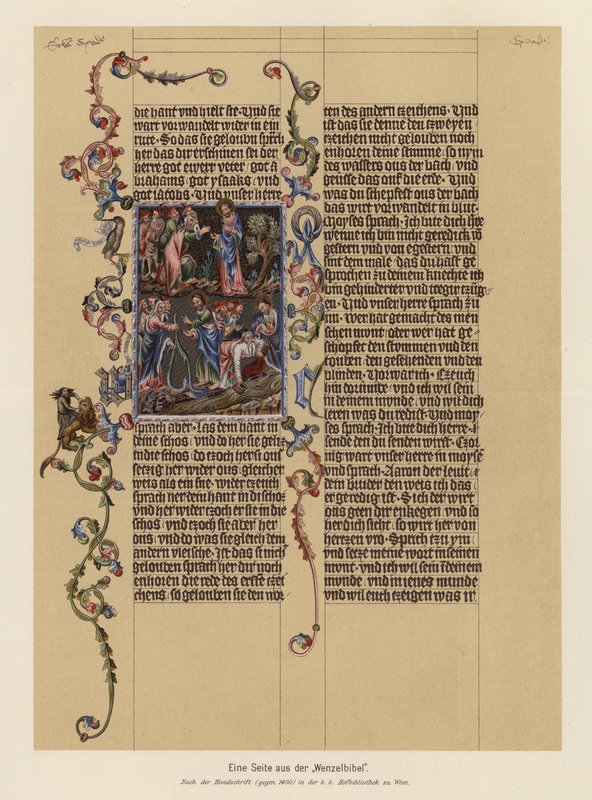 Oldal a Vencel-bibliából (színes litográfia) alkotó: (after) German School