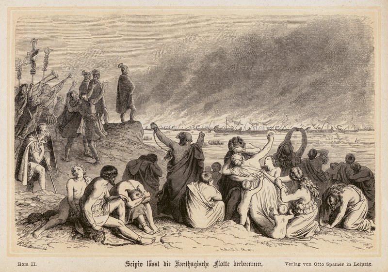 Scipio Africanus felgyújtja a karthágói flottát (metszet) alkotó: (after) German School