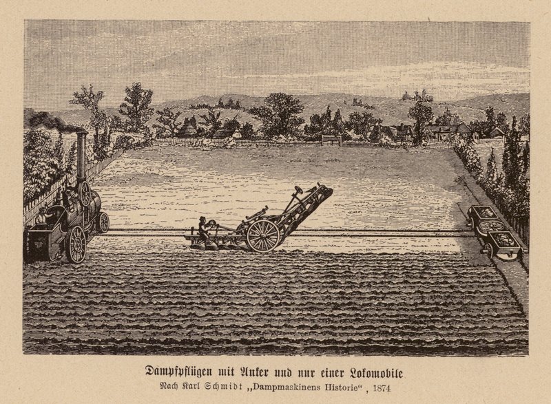 Gőzszántás vontatómotorral és horgonnyal (litográfia) alkotó: (after) German School