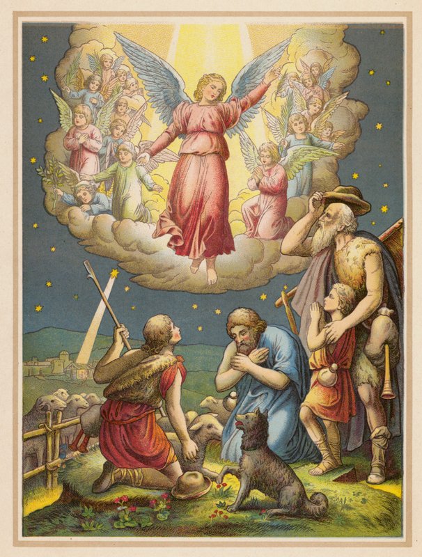 A pásztorok fogadják az örömhírt (színes litográfia) alkotó: (after) German School
