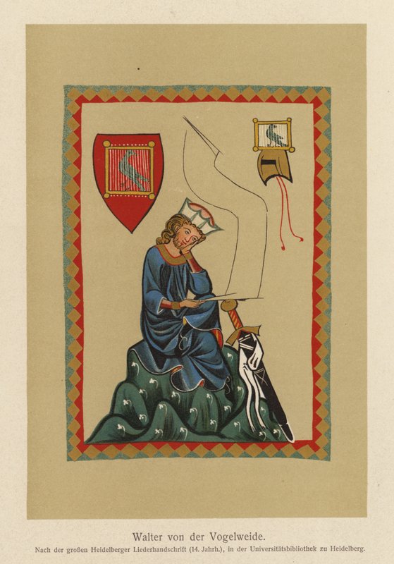 Walther von der Vogelweide, középfelnémet lírai költő (színes litográfia) alkotó: (after) German School
