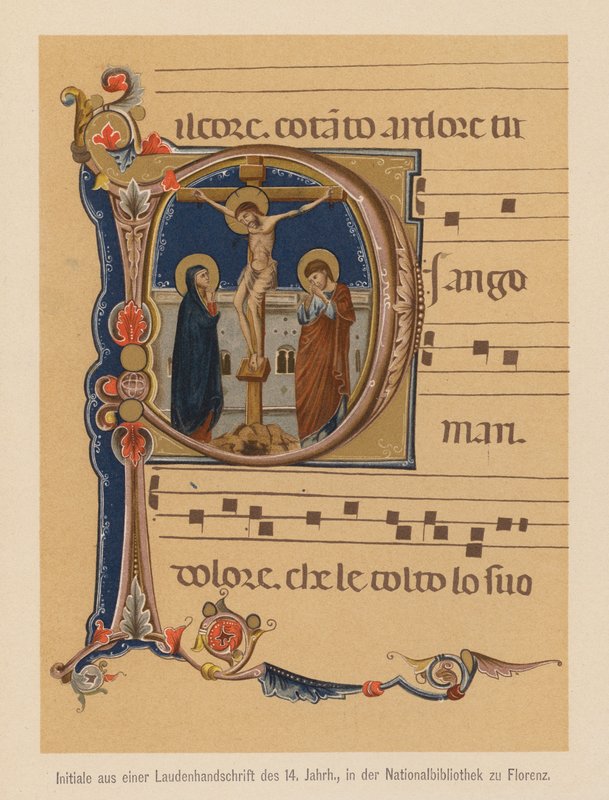 Jézus Krisztus keresztre feszítése, középkori illuminált kéziratból (színes litográfia) alkotó: (after) Italian School