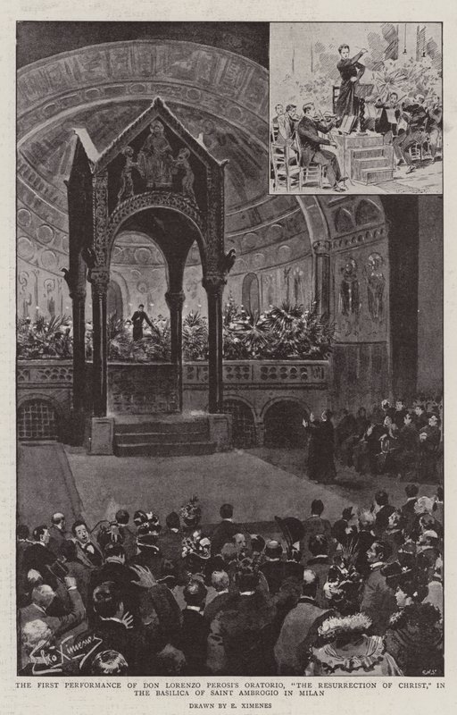 Don Lorenzo Perosi „Krisztus feltámadása” című oratóriumának első előadása a milánói Szent Ambrogio-bazilikában (litho) alkotó: (after) Italian School
