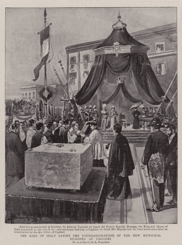 Az olasz király lerakja az új önkormányzati épület alapkövét Cagliariban (litho) alkotó: (after) Italian School