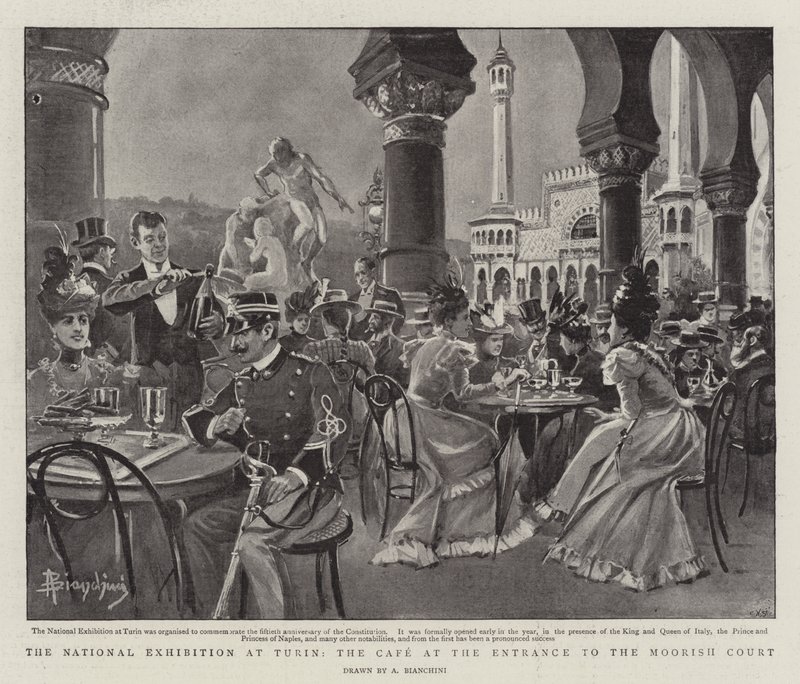 Torinói Nemzeti Kiállítás, Kávézó a Mór udvar bejáratánál (litho) alkotó: (after) Italian School