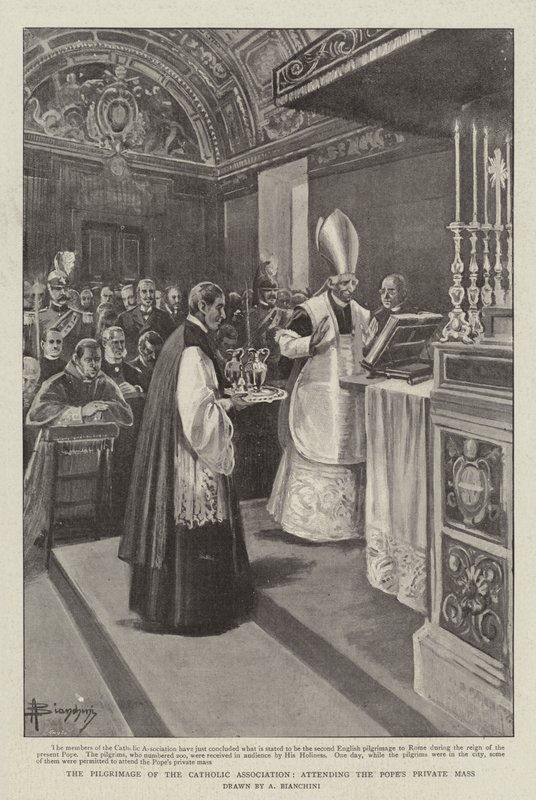 A Katolikus Egyesület zarándoklata a pápa magánmiséjén (litho) alkotó: (after) Italian School