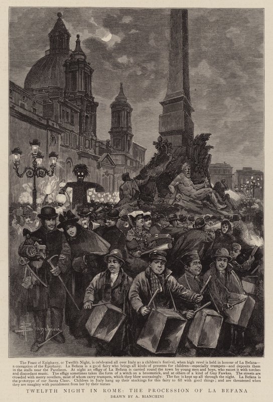 Tizenkettedik éjszaka Rómában, a La Befana körmenet (metszet) alkotó: (after) Italian School