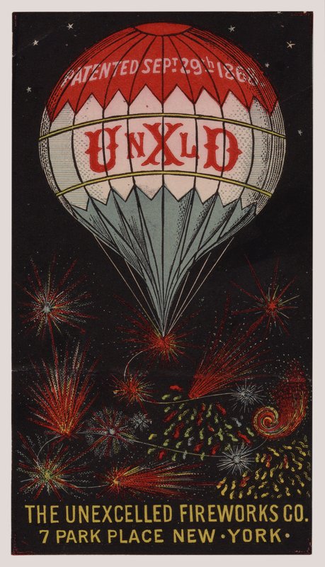 Amerikai kereskedelmi kártya, amely az Unexcelled Firework Companyt hirdeti, New York alkotó: American School