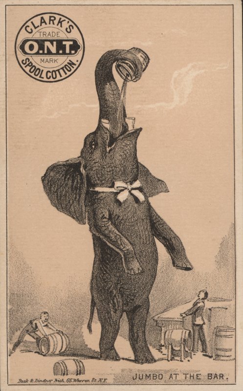 Jumbos érkezés, Clark orsó pamutjának reklámja, P T Barnum híres cirkuszi elefántjával alkotó: American School