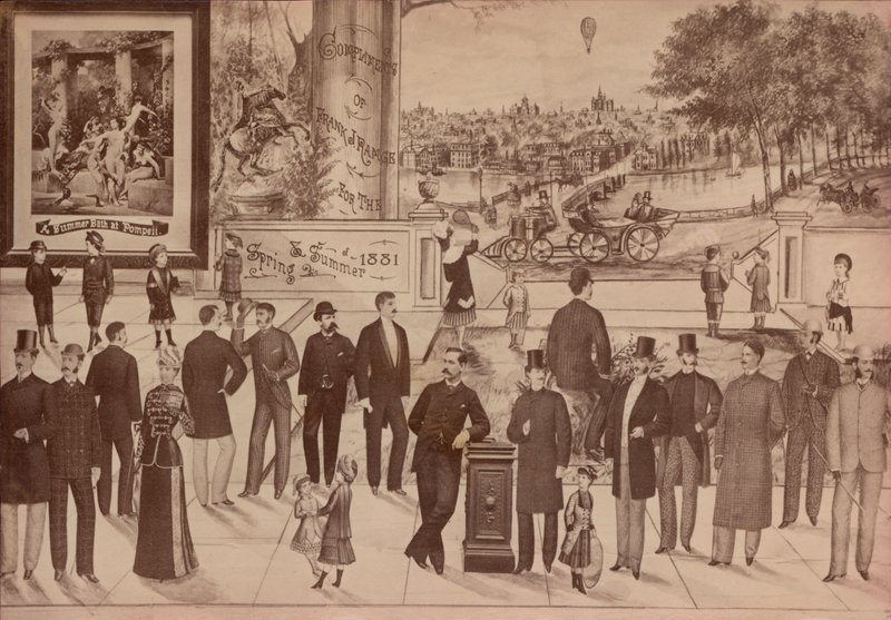 Kereskedelmi kártya Frank J Ramge drapéria és szabó számára, 1881 alkotó: American School