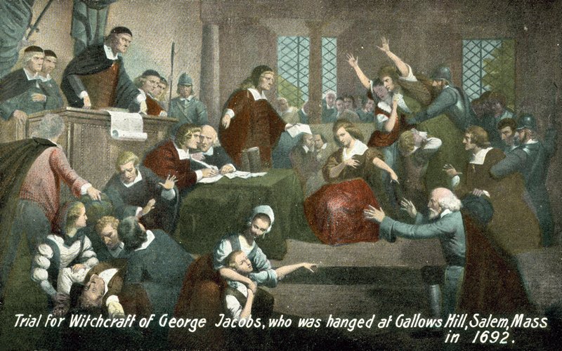 George Jacobs boszorkányságának tárgyalása, akit 1692-ben akasztottak fel Gallows Hillben, Salemben (Massachusetts, USA) alkotó: American School