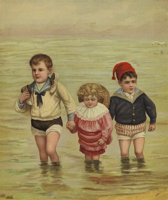 Gyermekek eveznek a strandon alkotó: English School